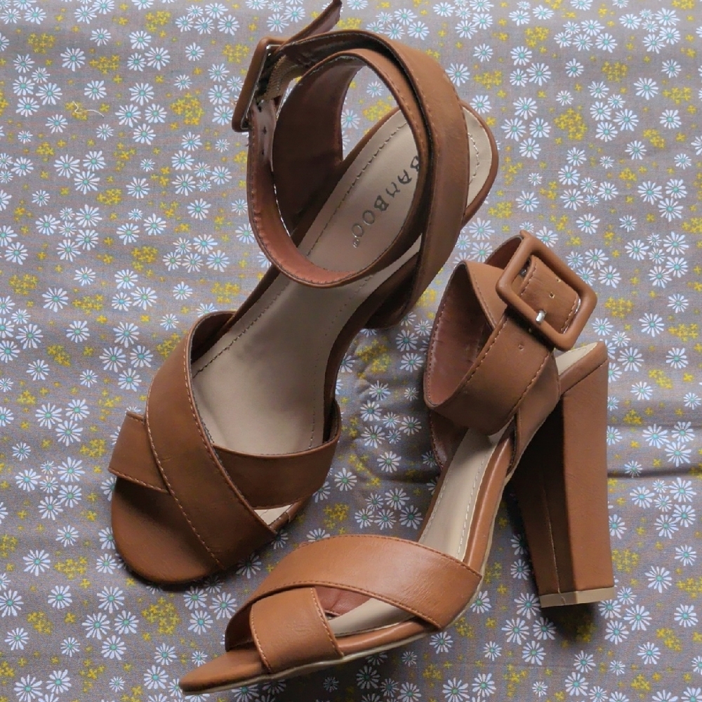 BAMBOO Tan Block Heel Sandal with Ankle Buckle